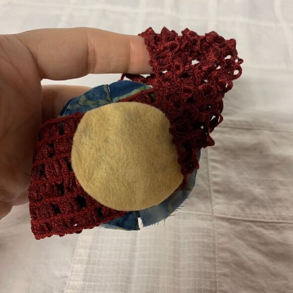 Handmade Infant Headband Burgundy Denim Blue & Green Flower Center Size Preemie - Picture 8 of 9